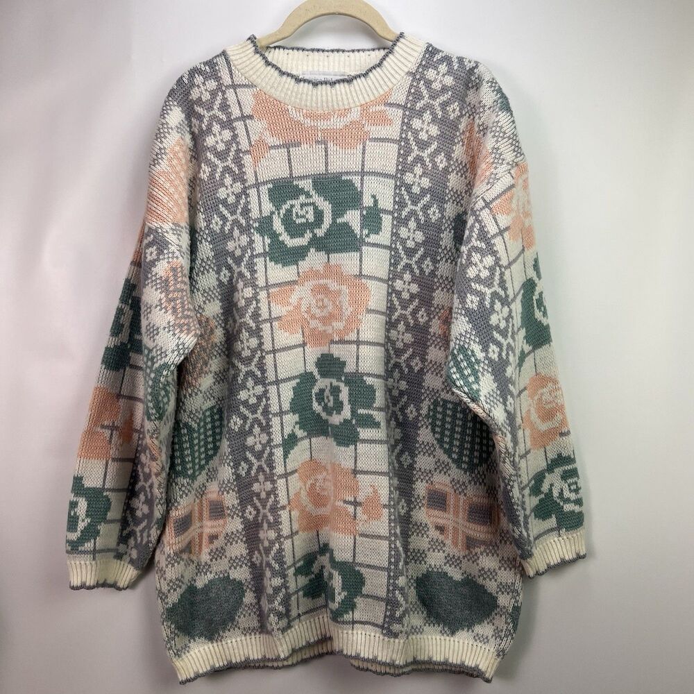 Vintage Jessica Roberts Floral Knit Sweater Large Pastel Hearts Cottagecore USA